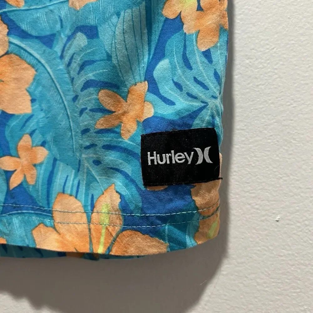 Hurley Boys swim Trunks, Blue With Teal Foliage And Orange‎ Florals, Size 7
